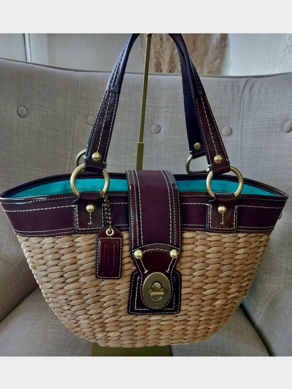 Gorgeous COACH vintage LEGACY straw rattan tote basket natural and dark brown